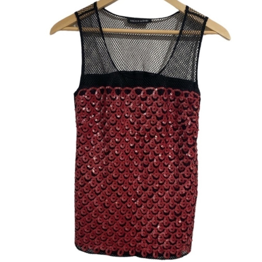 Sachin & Babi shirt sequins tank top mesh‎ black and red